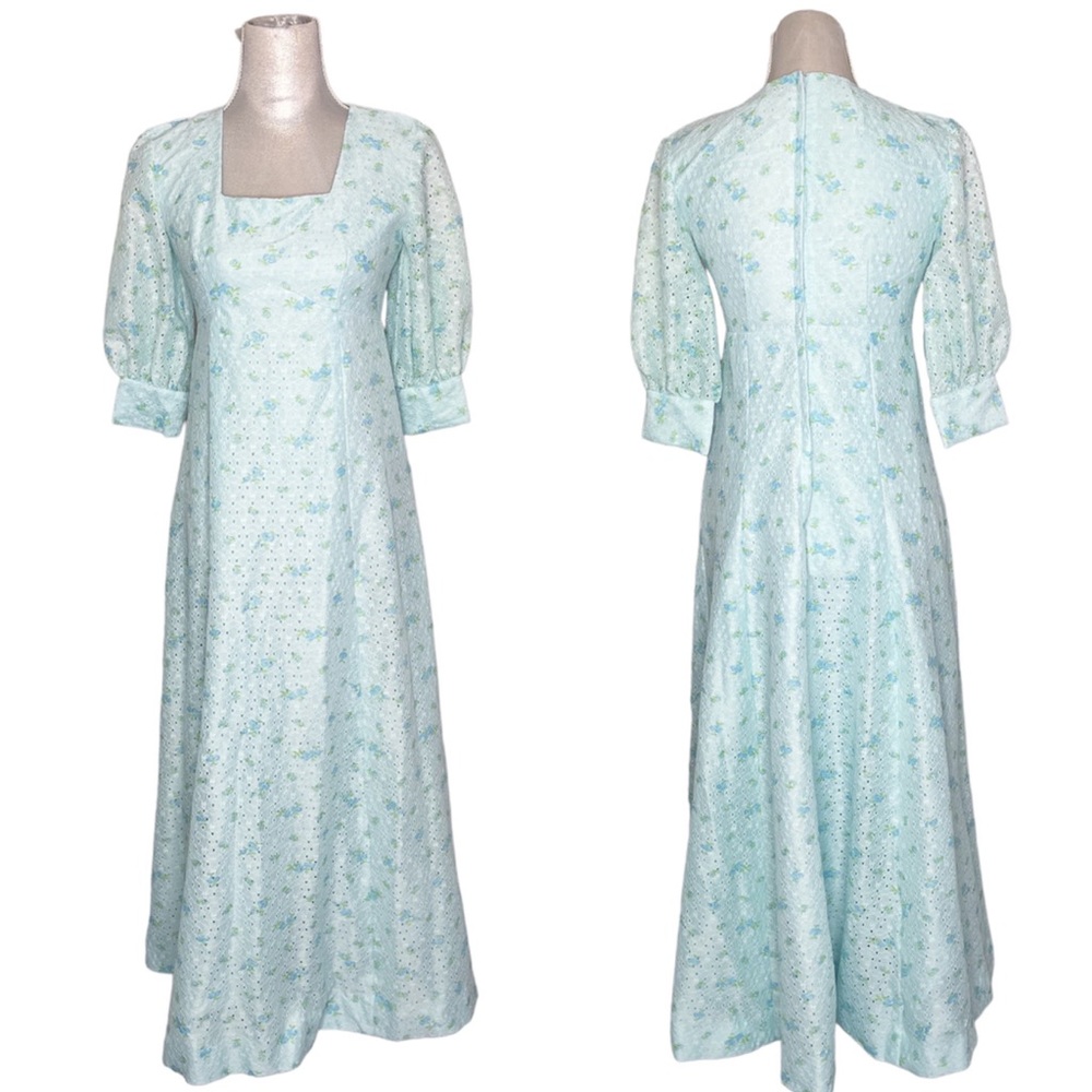 Vintage Handmade Floral Eyelet Cottagecore Regency Square Neck Puff Sleeve Dress